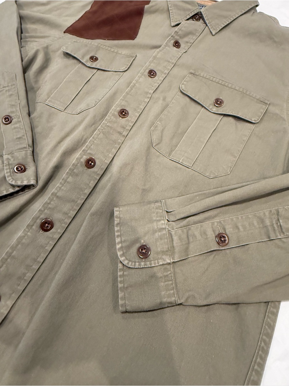 Ralph Lauren Olive Green Casual Button-Down Shirt with Suede Brown Patch
